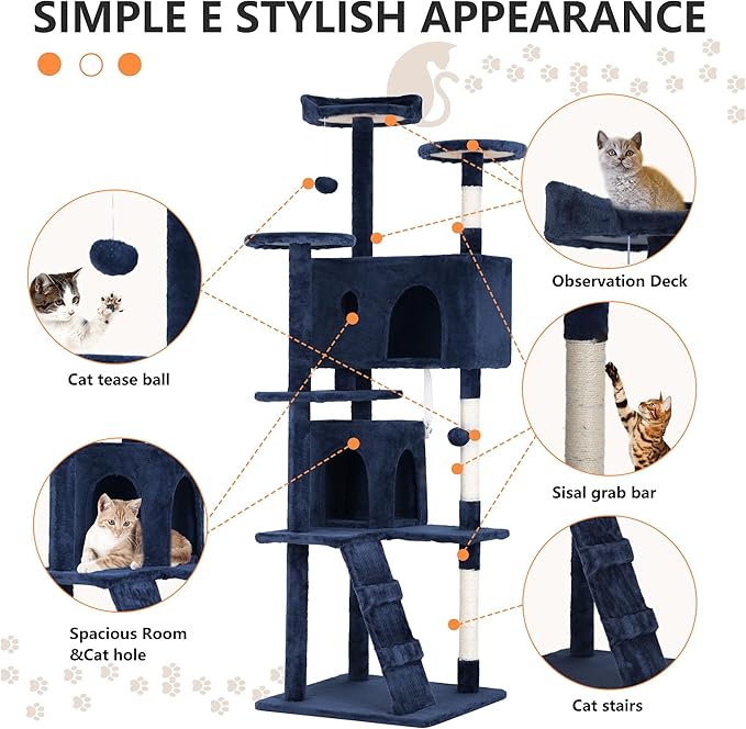 BestPet | 70" Cat Tree Tower | Navy Blue | Sturdy, Easy to Assemble, Multi-Level Activity Center with Sisal Scratching Posts, Condos, Perches, Hanging Cat Toys, Observation Decks & Ladder