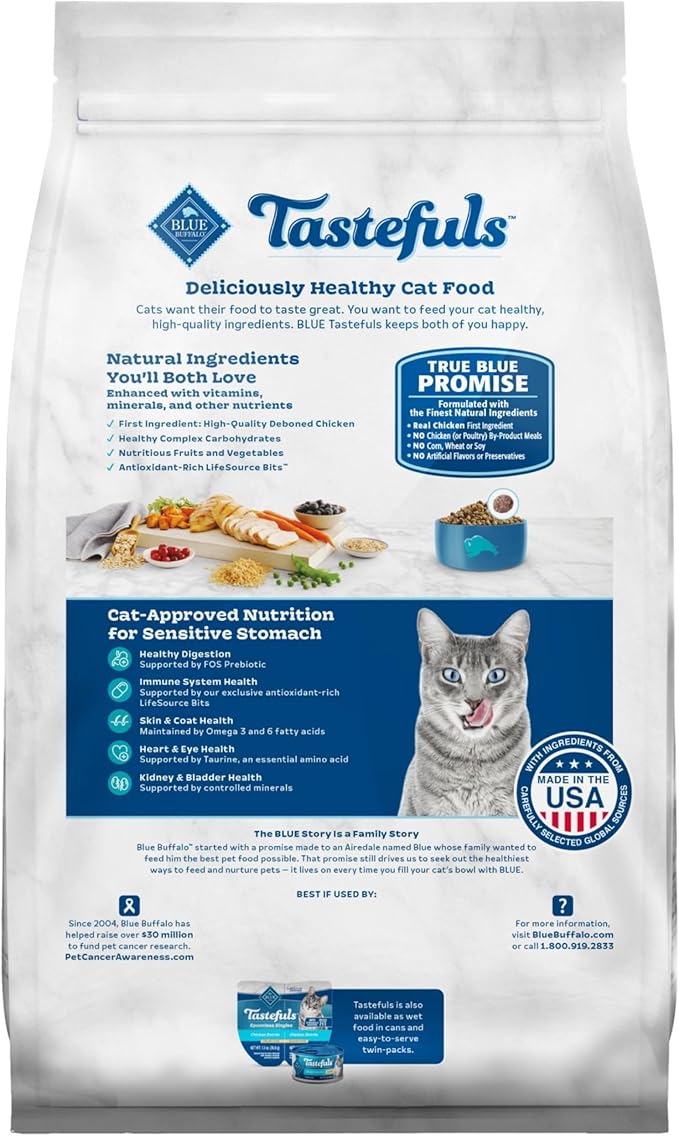 Blue Buffalo Tastefuls Natural Dry Food for Adult Cats, Sensitive Stomach, Chicken & Brown Rice Recipe, 3-lb. Resealable Bag