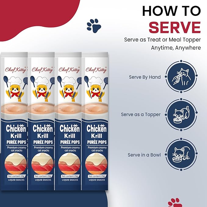 Purée Pops, Cat Treats, Grain-Free, Lickable, Squeezable Creamy Cat Treat/Topper with Vitamin E & Taurine, 0.5 Ounces Each Tube, 10 Tubes, Chicken with Krill Recipe