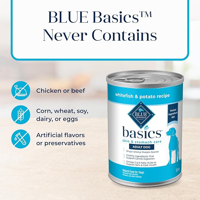 Blue Buffalo Basics Grain-Free Adult Wet Dog Food, Skin & Stomach Care, Limited Ingredient Diet, Whitefish Recipe, 12.5-oz. Can, 12 Count