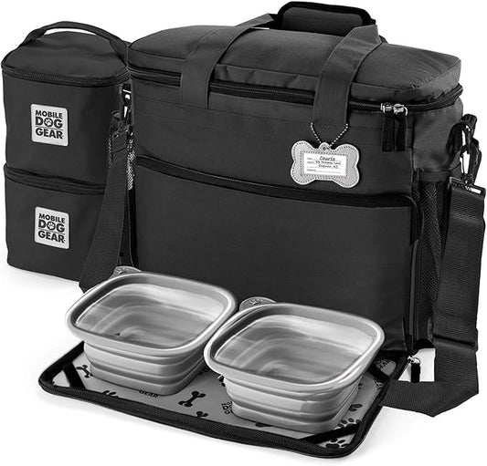 Mobile Dog Gear, Week Away Dog Travel Bag for Medium and Large Dogs, Includes Lined Food Carriers and 2 Collapsible Dog Bowl, Black