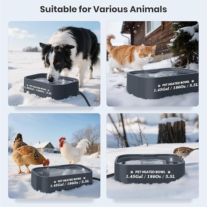 1.45 Gal/5.5L Heated Water Bowl, Extra Large Heated Dog Bowls for Outside, Safety Listed Heated Pet Bowl with Anti-Chew Cord for Dog & Cat Drinking Water in Winter, BPA-Free, Anti-Slip Base(Grey)