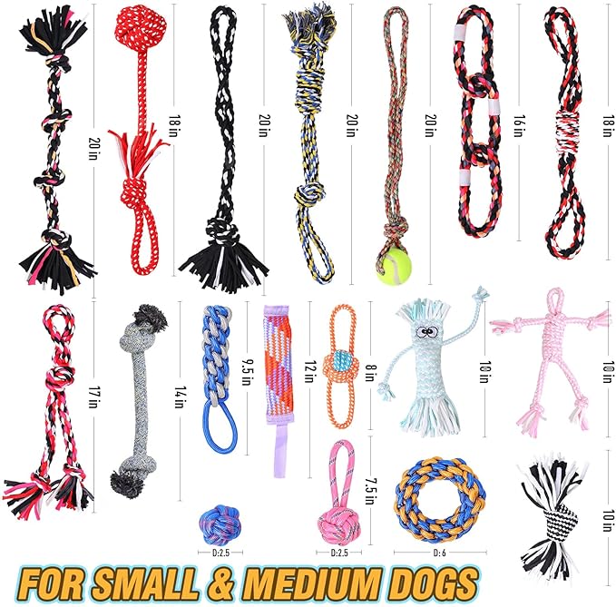 18 Bulk Various Dog Rope Toys for Teething, Entertainment & Interaction, Dog Chew Toys, Training Tug Balls and Squeaky Toys for Medium&Small Puppies.