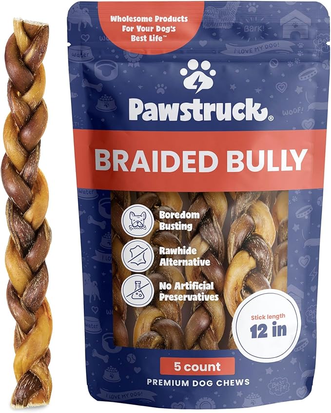 Pawstruck Natural 12" Braided Bully Sticks for Dogs – Tough, Long-Lasting, Rawhide-Free, Low-Odor, Single Ingredient Chew Treat for Aggressive Chewers – 5 Count – Packaging May Vary