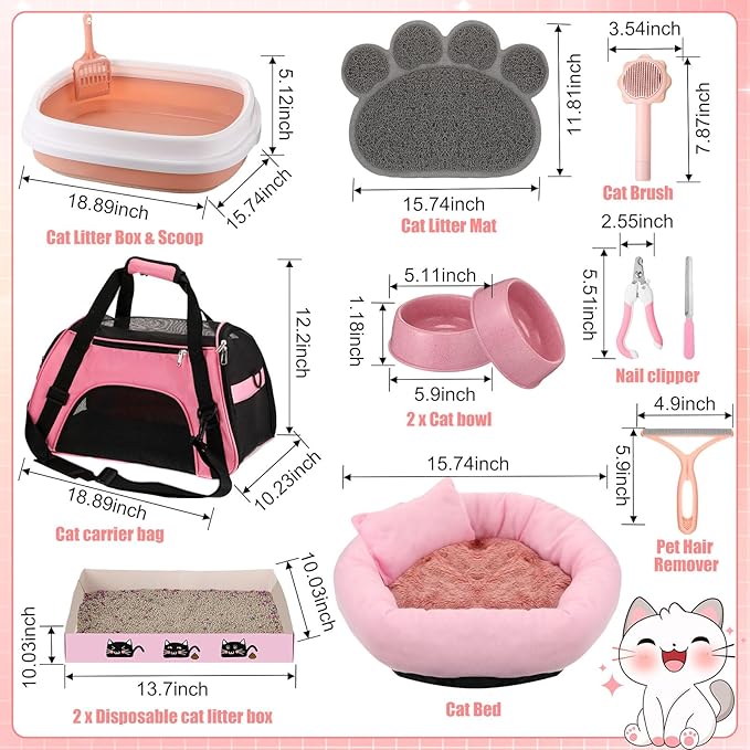 40 Pcs Kitten Starter Kit for Indoor Cats Include Cat Litter Box Toys, Hammock, Bed Scratch Pad, Climbing Post, Feed Bowls, Mat, Collars, Nail File and More for Kitten Supplies Welcome Gift(Pink)