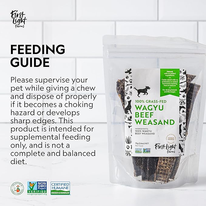 First Light Farms Wagyu Beef Esophagus Dog Treats | Gullet Sticks for Dogs | Esophagus Jerky Treats | All Natural Weasand Chews, 4-5 Count | Healthy Treats for Teeth, Mental Stimulation, Joint Support