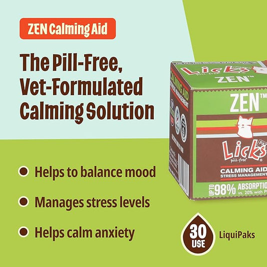 Licks Pill-Free Zen Cat Calming - Natural Calming Aid for Aggressive Behavior & Nervousness - Cat Treats for Stress Relief & Health - Gel Packets - 30 Use