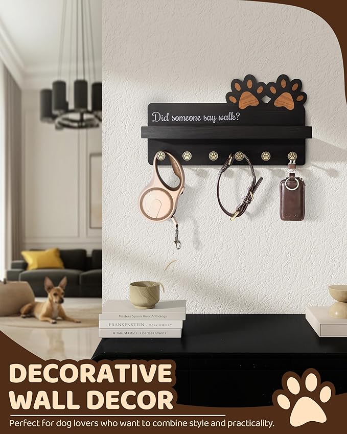 MTERSN Decorative Dog Leash Holder for Wall - Dog Accessories Organizer with Floating Shelf & 6 Hooks for Home Decor - The Cute Key Holder Wall Mount for Dogs Lover Gifts (Black)