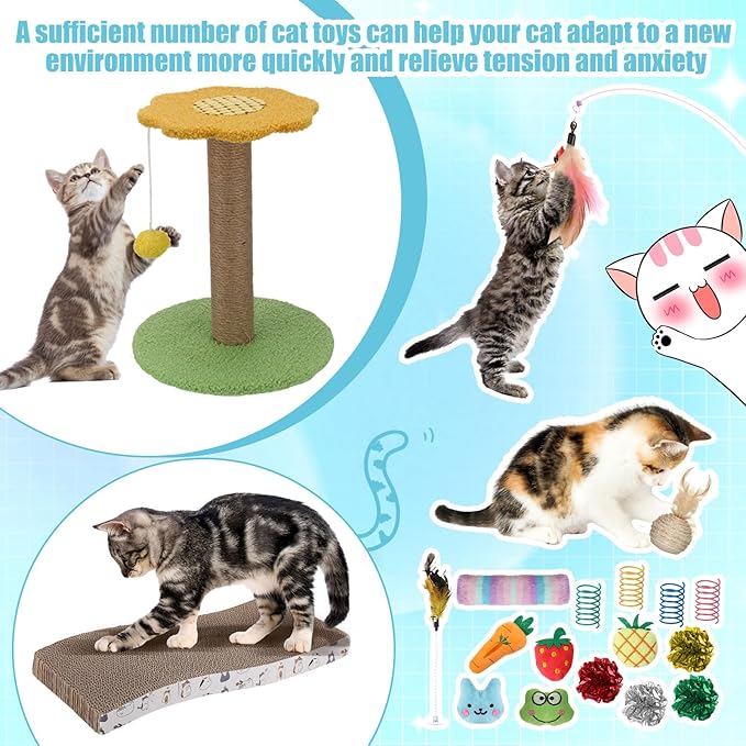 40 Pcs Kitten Starter Kit for Indoor Cats Include Cat Litter Box Toys, Hammock, Bed Scratch Pad, Climbing Post, Feed Bowls, Mat, Collars, Nail File and More for Kitten Supplies Welcome Gift(Blue)