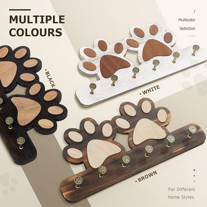 MTERSN Farmhouse Key Holder for Wall - Decorative Dog Leash Hanger Wall Mounted and Coat Rack with 6 Unique 3D Dogs Claw Hooks - Dog Accessories Organizer for Rustic Home Decor（Brown）