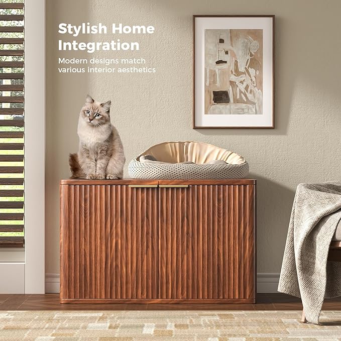 31.5" Walnut Cat Litter Box Enclosure Furniture, Large Decorative Hidden Litter Box Cabinet, Fluted Mid Century Modern Kitty End Table for Living Rooms, Bedrooms, Entryways