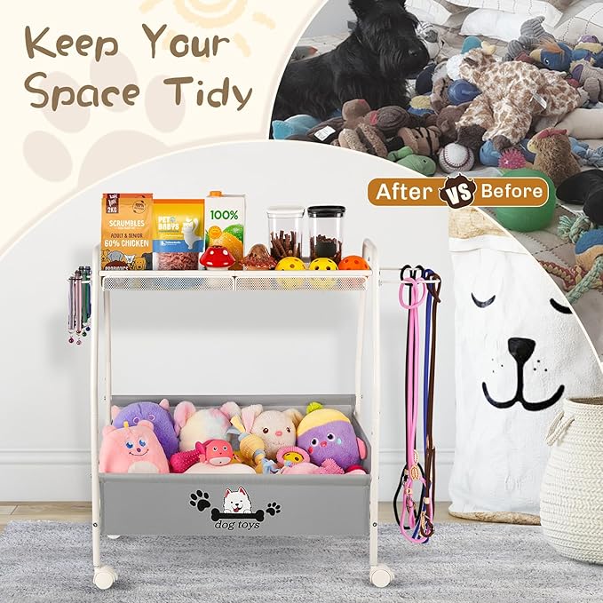 Liitrton Large Dog Toy Basket, Mobile Dog Toy Bin with Dog Organizer Storage Rack, 2-Tier Dog Toy Box for Living Room Area Holder Storage Dog Cat Accessories, Pet Leashes, Food & Clothes