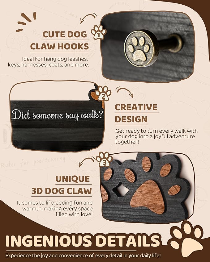 MTERSN Decorative Dog Leash Holder for Wall - Dog Accessories Organizer with Floating Shelf & 6 Hooks for Home Decor - The Cute Key Holder Wall Mount for Dogs Lover Gifts (Black)