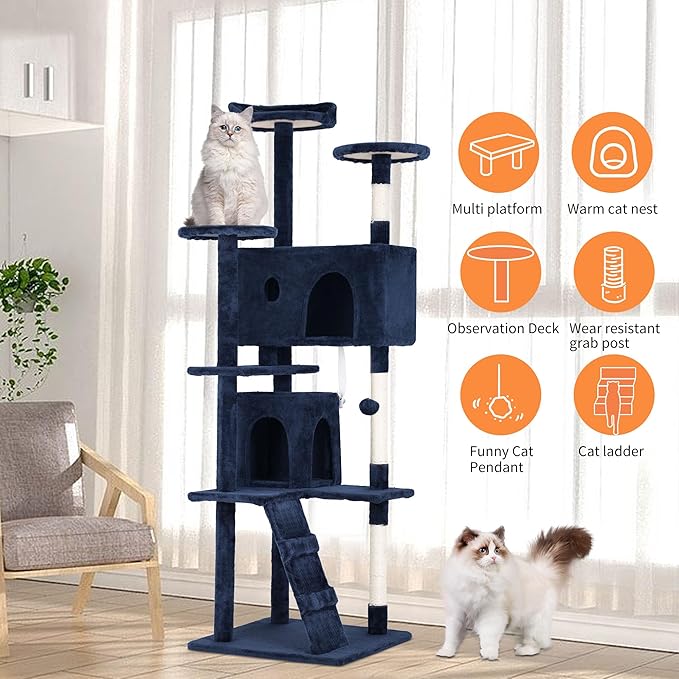 BestPet | 70" Cat Tree Tower | Navy Blue | Sturdy, Easy to Assemble, Multi-Level Activity Center with Sisal Scratching Posts, Condos, Perches, Hanging Cat Toys, Observation Decks & Ladder