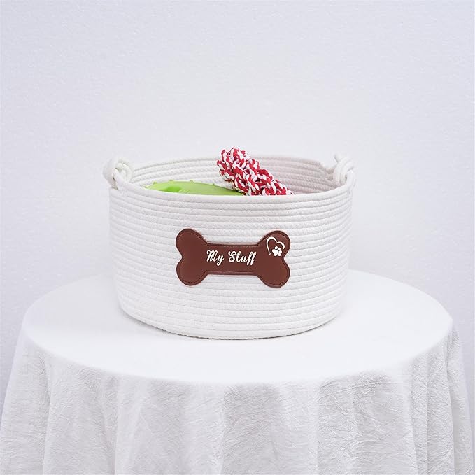 Pet Dog Storage Basket with Brown Leather Bone Design, Cotton Rope Organizer for Dog Toys, 12 x 12 x 7 inches, Puppy Toy Storage Organizer (Brown Leather Basket)