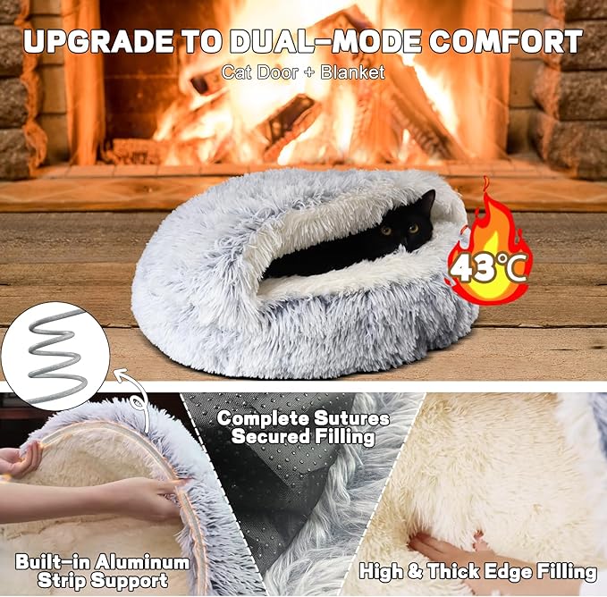 YUDANSI Calming Cat Beds for Indoor Cats - Plush Fluffy Hooded Cave Nest, Anti-Slip Self-Warming Pet Beds, Washable Built-in No-Collapsing Support (Grey-50cm/20in)