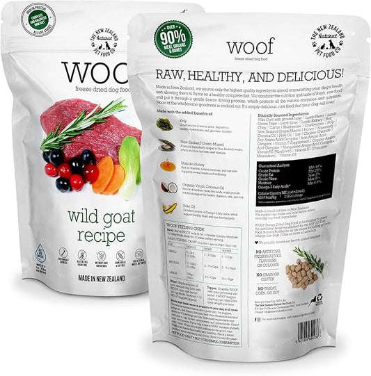 The New Zealand Natural Pet Food Co WOOF Freeze Dried Dog Food - Wild Goat Recipe, High Protein Dog Treats, Natural Dog Food Topper or Snacks,2.2 lb