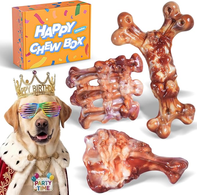 Dog Toys for Aggressive Chewers: Gift Box with 3 Pack Dog Chew Toys, Indestructible Tough Dog Toys to Keep Them Busy, Dog Teething Bones for Small Medium Large Breeds 25-90 lbs, Bacon Flavor