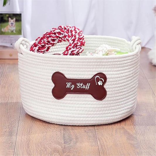 Pet Dog Storage Basket with Brown Leather Bone Design, Cotton Rope Organizer for Dog Toys, 12 x 12 x 7 inches, Puppy Toy Storage Organizer (Brown Leather Basket)
