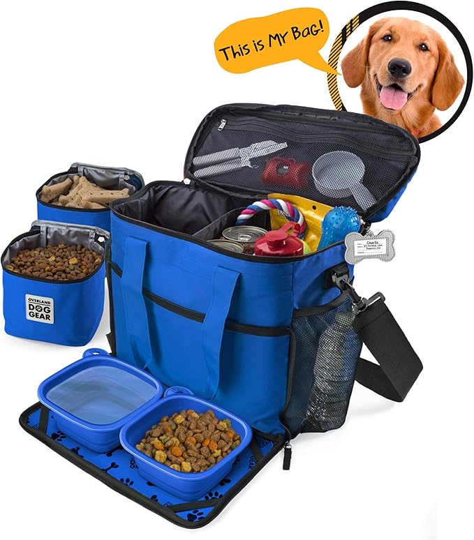 Mobile Dog Gear Week Away Airline Approved Dog Travel Bag (15"x7"x14", Blue) - Includes 2 Pet Food Storage Containers + 2 Collapsible Dog Water Bowls