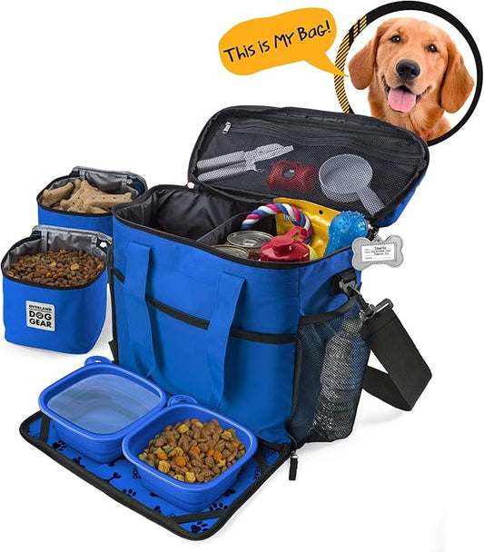 Mobile Dog Gear Week Away Airline Approved Dog Travel Bag (15"x7"x14", Blue) - Includes 2 Pet Food Storage Containers + 2 Collapsible Dog Water Bowls