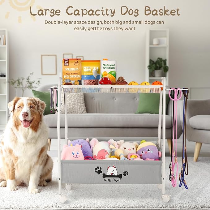 Liitrton Large Dog Toy Basket, Mobile Dog Toy Bin with Dog Organizer Storage Rack, 2-Tier Dog Toy Box for Living Room Area Holder Storage Dog Cat Accessories, Pet Leashes, Food & Clothes