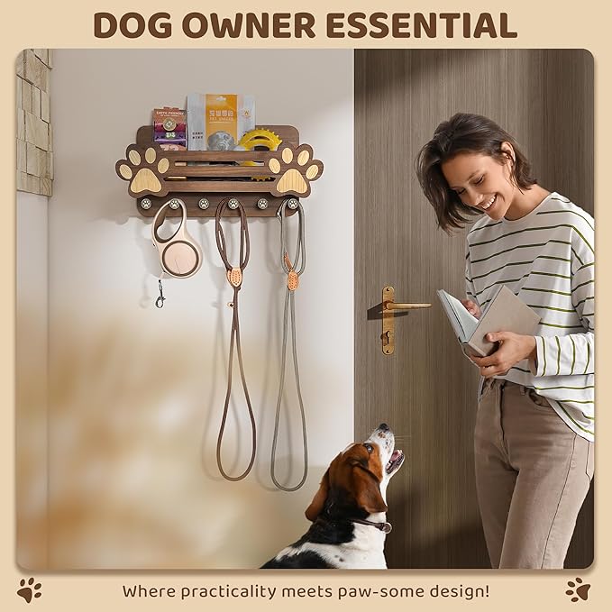 MTERSN Decorative Dog Leash Holder for Wall - Dog Accessories Organizer with Floating Shelf and 6 Key Hooks – Key Holder Wall Mount for Cute Stuff & Rustic Home Decor (Brown)