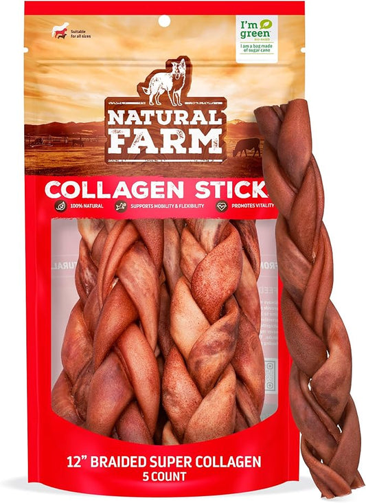 Natural Farm Odor-Free Super Braided Collagen Dog Chews (12-Inch, 5-Pack) First Ever Real Bull Sticks Alternative: 100% Natural Angus Hide Collagen Treats - More Protein, More Chew Time for All Dogs