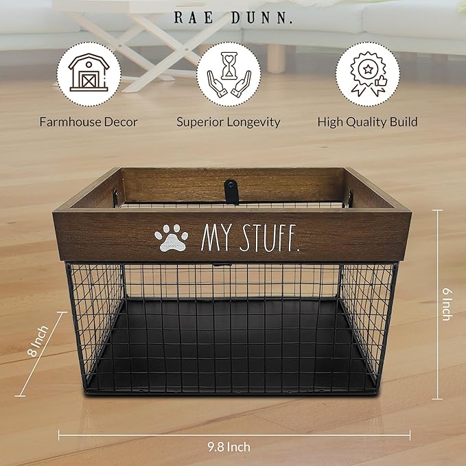 Rae Dunn Pet Toy Storage Bin - Metal and Wood Organizer for Dog Toys, Treats, Leashes - Cat Toy Basket Container - Dark Wood