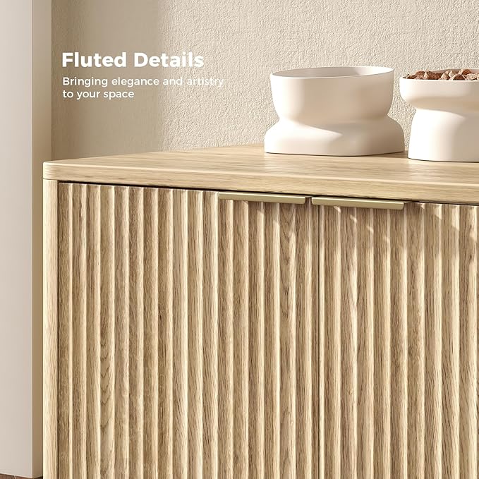 31.5" Oak Cat Litter Box Enclosure Furniture, Large Decorative Hidden Litter Box Cabinet, Fluted Modern Bohemia Kitty End Table for Living Rooms, Entryways, or Bedrooms