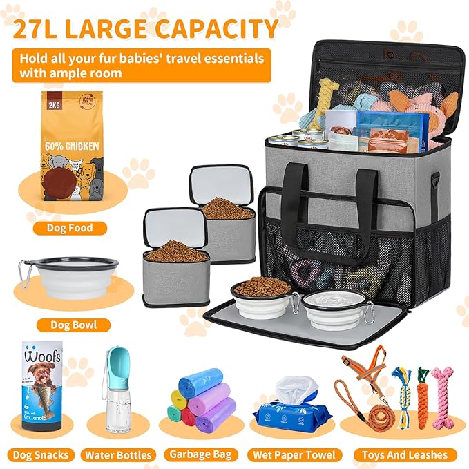 TORIBIO Dog Travel Bag,Large Pet Travel Bag for Supplies with 2 Food Container and Collapsible Bowls,Dog Travel Supplies Organizer Kit for Weekend,Road Trips,Camping