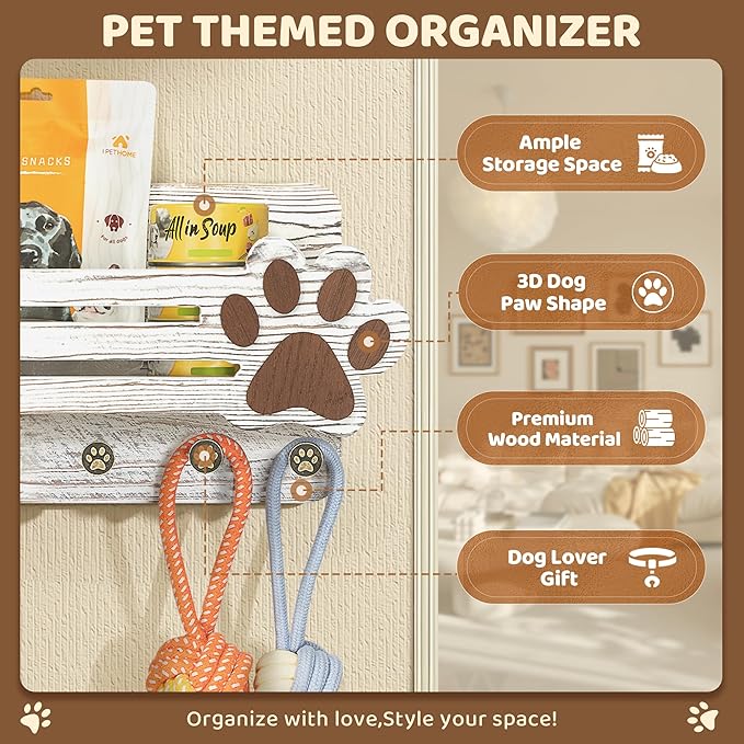 MTERSN Farmhouse Dog Leash Holder for Wall - Cute Dog Accessories Storage Organizer with Floating Shelf and 6 Key Hooks – Key Holder Wall Mount for Rustic Home Decor (White)