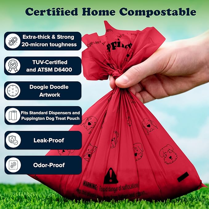 Puppington Certified Home Compostable Poop Bags - ASTM D6400 Compliant - 270 Extra Thick Bags - Plant Based - Pairs with Puppington 3-in-1 Bag & Fits all Standard Poop Bag Dispensers (Ruby Red)