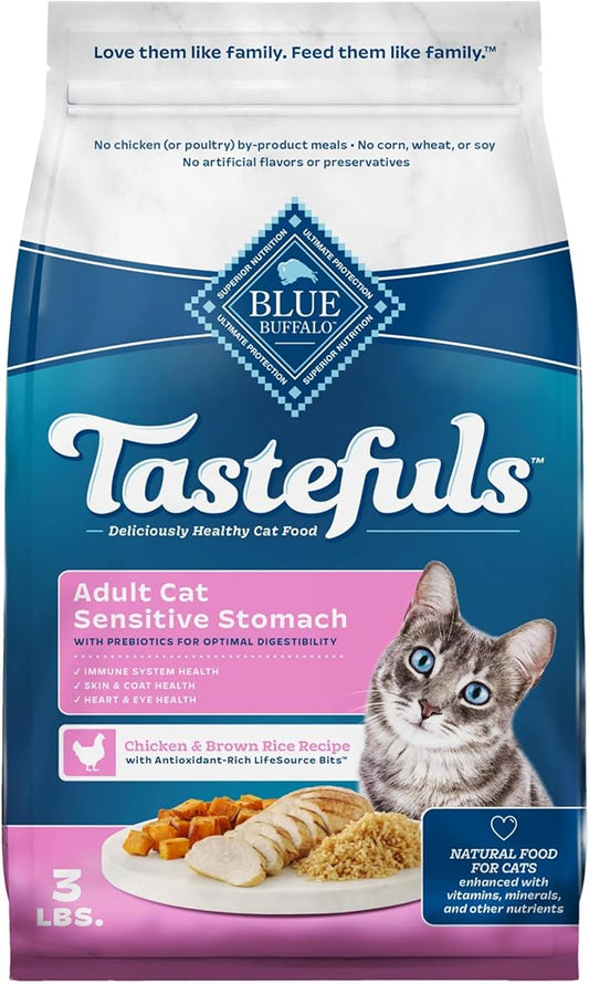 Blue Buffalo Tastefuls Natural Dry Food for Adult Cats, Sensitive Stomach, Chicken & Brown Rice Recipe, 3-lb. Resealable Bag