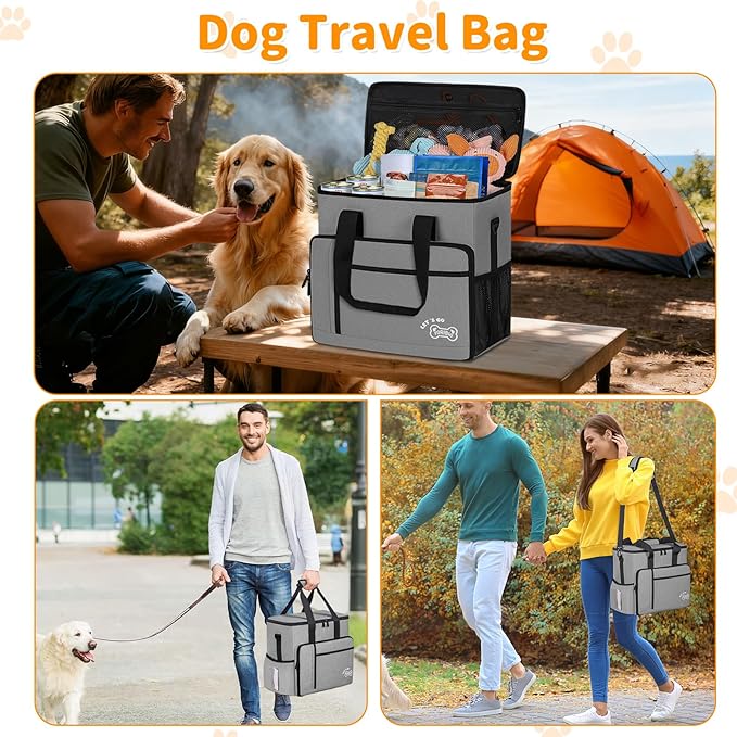 TORIBIO Dog Travel Bag,Large Pet Travel Bag for Supplies with 2 Food Container and Collapsible Bowls,Dog Travel Supplies Organizer Kit for Weekend,Road Trips,Camping