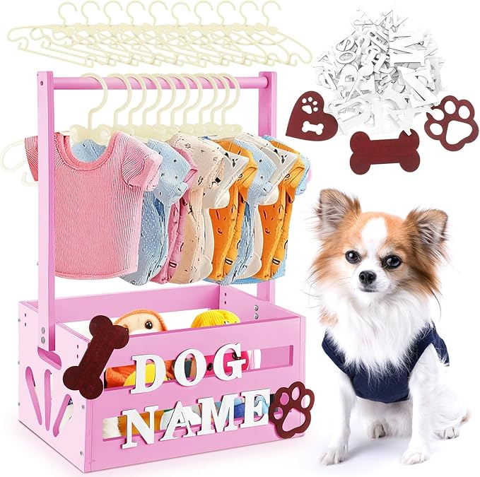20 x 13 x 9 Wooden Dog Closet Pet Wardrobe Crate Box with Hanging Rods and Personalized Alphabet Letters Easy Assembly Baskets for Dog Cat Toys Clothes Accessories(Pink)