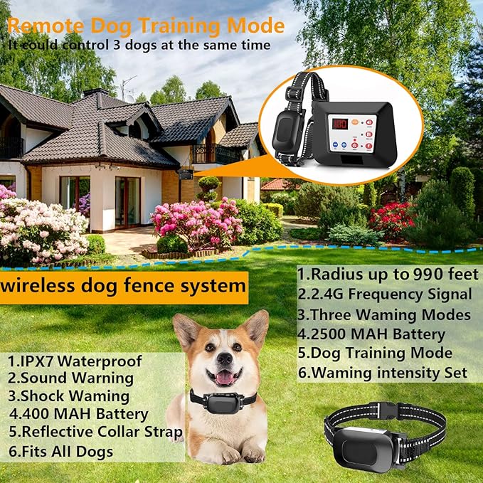 Wireless Dog Fence,Pet Containment System,Electric Dog Training Collar with Remote Dog Boundary System,Reflective Stripe,Waterproof,Adjustable Range,Harmless,for 1 2 3 Dogs,for1dog