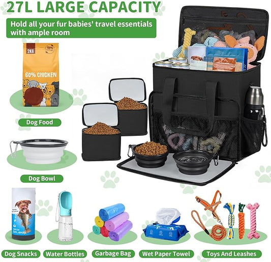 TORIBIO Dog Travel Bag,Large Pet Travel Bag for Supplies with 2 Food Container and Collapsible Bowls,Dog Travel Supplies Organizer Kit for Weekend,Road Trips,Camping
