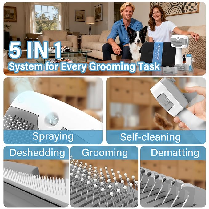 5-in-1 Pet Steam Brush for Dogs & Cats-Self-Cleaning Steam Dog Brush with 3 Swap-in Heads (Grooming, Dematting, Deshedding),Cat Spray Hair Removal Comb,Includes Pet Essence & Storage Case
