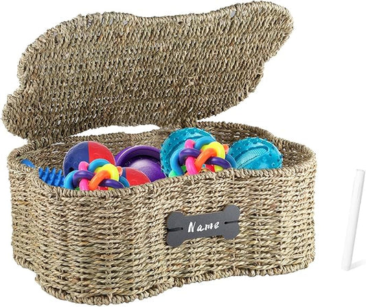 Seagrass Wicker Baskets for Dog Toys,Bone Shaped Dog Toy Bin with Lid,Personalized Dog Toy Organizer Boxes for Living Room,Farmhouse Handmade Pet Dog Storage,Dog Stuff Organizer