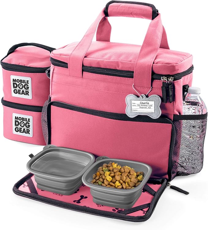 Mobile Dog Gear, Week Away Dog Travel Bag for Small Dogs, Includes Lined Food Carriers and 2 Collapsible Dog Bowl, Pink
