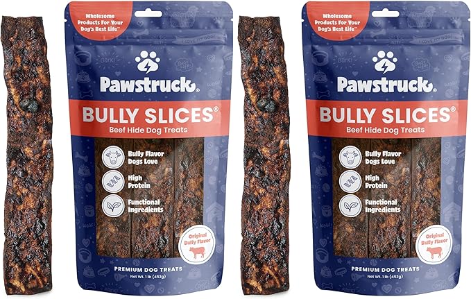 Pawstruck Bully Slices Premium Rawhide Chew Sticks, Beef Flavor - Low Fat, High Protein Treat for Small, Medium, and Large Dogs - No Artificial Ingredients - 1 lb Bag - Packaging May Vary (Pack of 2)