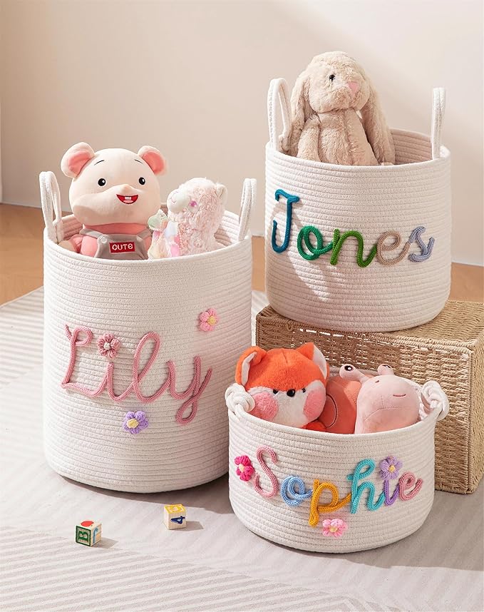 JUPPE Pet Dog Basket with Personalized Name, Dog Toys Storage Organizer Custom Cotton Rope Basket Nursery Decor (XXL Basket)