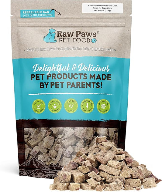 Raw Paws Freeze Dried Beef Liver Dog & Cat Treats (8-Ounce) - Made in USA - Small Liver Bites - Training & Diabetic Dog Treats