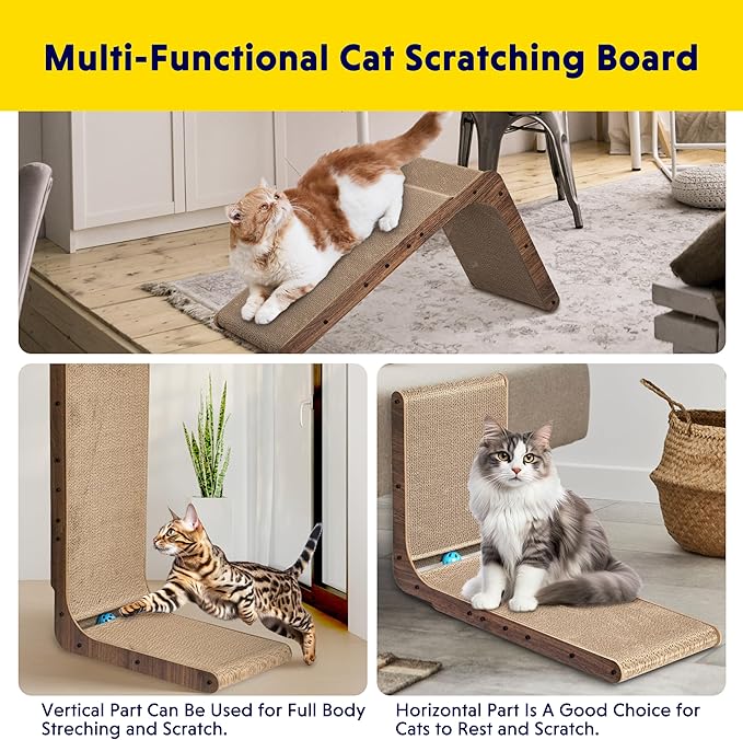 Simple Deluxe Cardboard Cat Scratcher with Cat Toys Ball Track, 24 Inches L-Shaped Scratch Pad, Cardboard Lounge Bed, Stable and Durable, Furniture Protector, Reversible