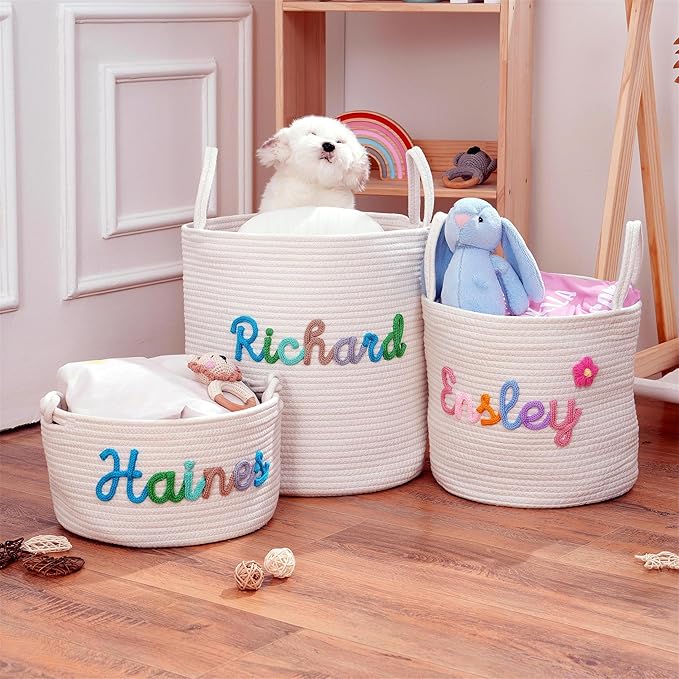 JUPPE Pet Dog Basket with Personalized Name, Dog Toys Storage Organizer Custom Cotton Rope Basket Nursery Decor (XXL Basket)