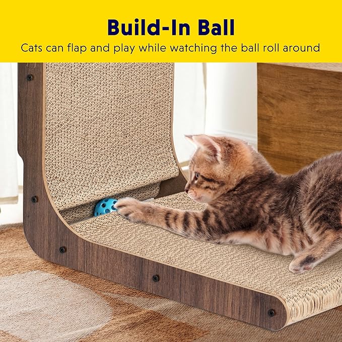 Simple Deluxe Cardboard Cat Scratcher with Cat Toys Ball Track, 24 Inches L-Shaped Scratch Pad, Cardboard Lounge Bed, Stable and Durable, Furniture Protector, Reversible