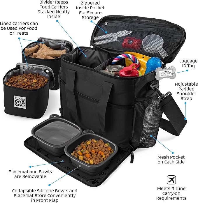 Mobile Dog Gear, Week Away Dog Travel Bag for Medium and Large Dogs, Includes Lined Food Carriers and 2 Collapsible Dog Bowl, Black