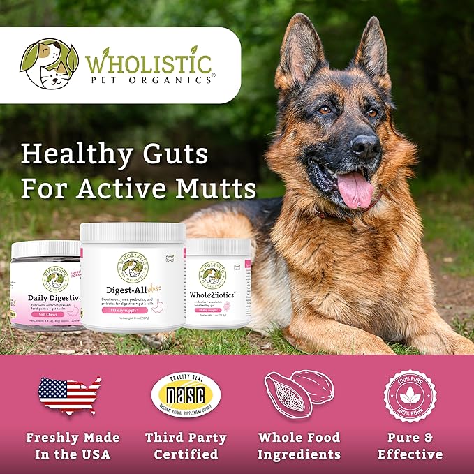 Wholistic Pet Organics Probiotics for Dogs with Digestive Enzymes & Prebiotic Fiber - 8 Oz - Daily Cat & Dog Probiotics for Digestive Health, Anti Diarrhea & Gut Support - Cat Probiotic - 227 Scoops
