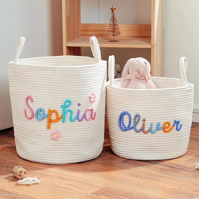 JUPPE Pet Dog Basket with Personalized Name, Dog Toys Storage Organizer Custom Cotton Rope Basket Nursery Decor (XXL Basket)